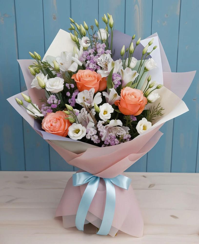 Букет цветов из: Лизиантусы, Розы, Альстромерии и Гипсофила в Акташ
