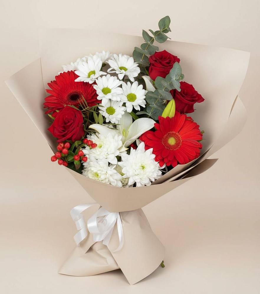 Букет поцелуй лета в Акташ Букет цветов из: Розы, Хризантемы, Герберы и Лилии в Акташ