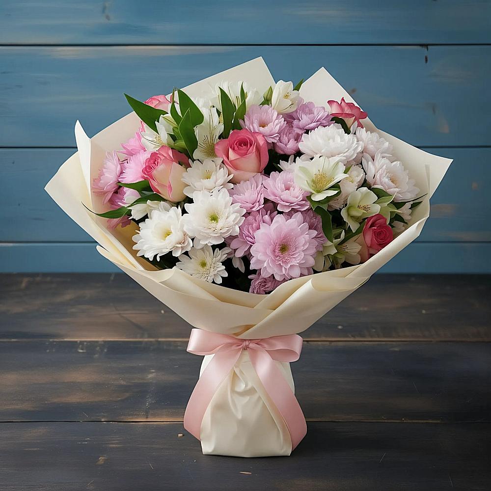 Букет цветов из: Хризантемы, Альстромерии и Розы в Акташ